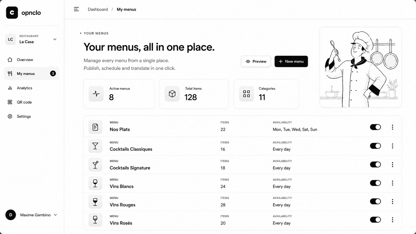The Opnclo dashboard: a restaurant managing all of its menus in one place