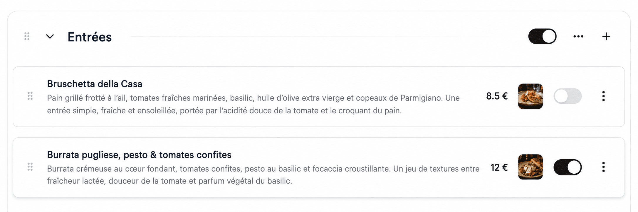 Editing a menu in Opnclo: change a price or toggle a dish on and off in one tap