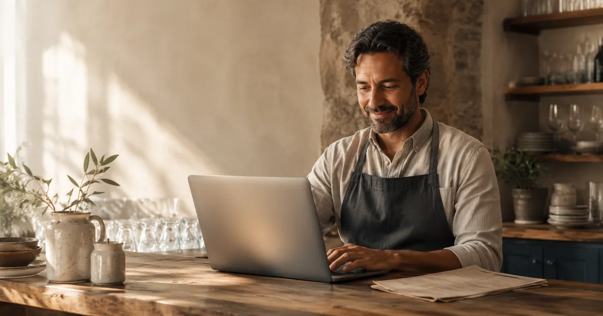 A restaurant owner setting up a digital menu on a laptop, a paper menu beside it