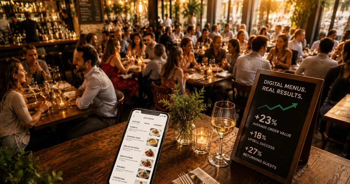 A busy restaurant dining room at golden hour, illustrating the sales impact of digital menus