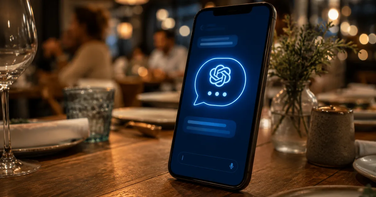 A smartphone on a restaurant table showing an AI assistant recommending a place to eat