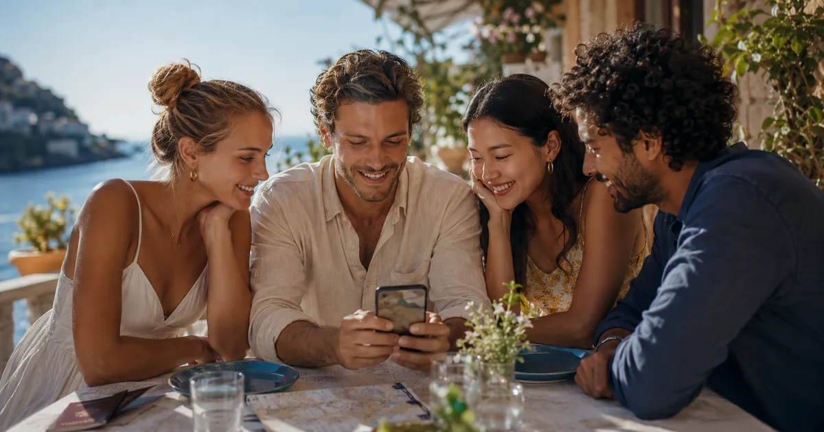 International guests reading a multilingual menu together on a phone at a sunny restaurant terrace