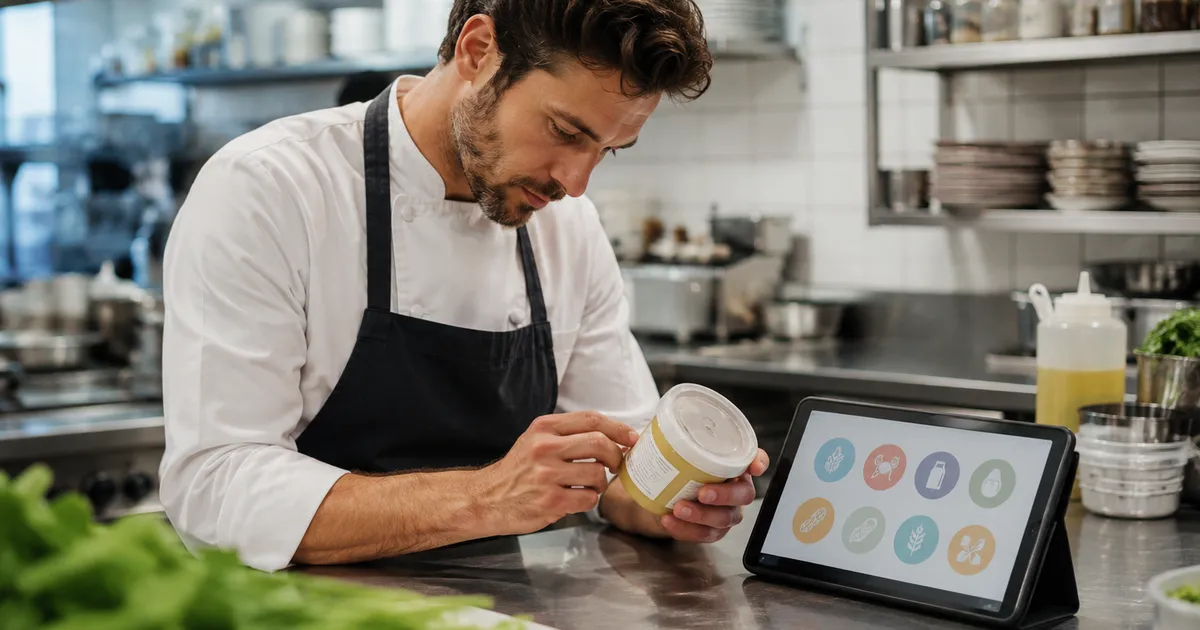 A chef carefully checking ingredient labels for allergen compliance in a clean kitchen