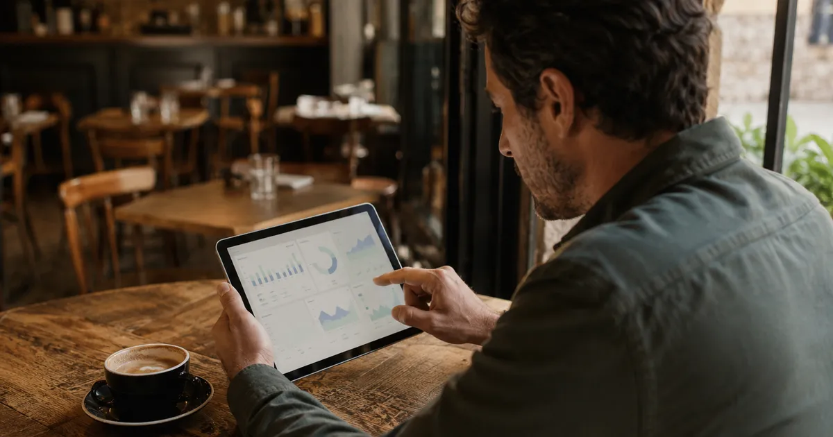 A restaurateur reviewing menu analytics on a tablet at a cafe table