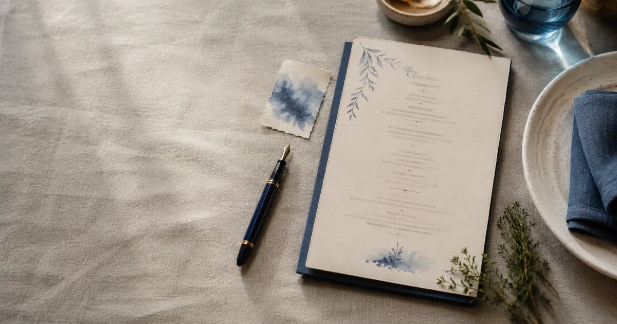 A beautifully designed restaurant menu laid out on a linen table