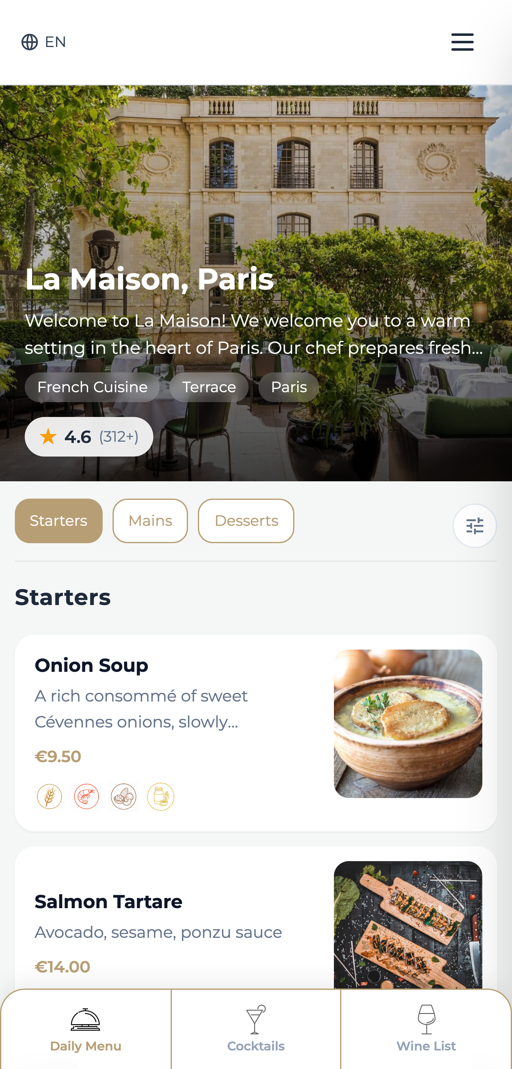 Menu home view