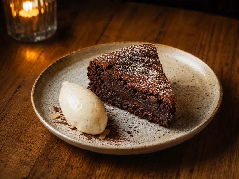 Torta Caprese al cioccolato: chocolate and almond cake with vanilla ice cream